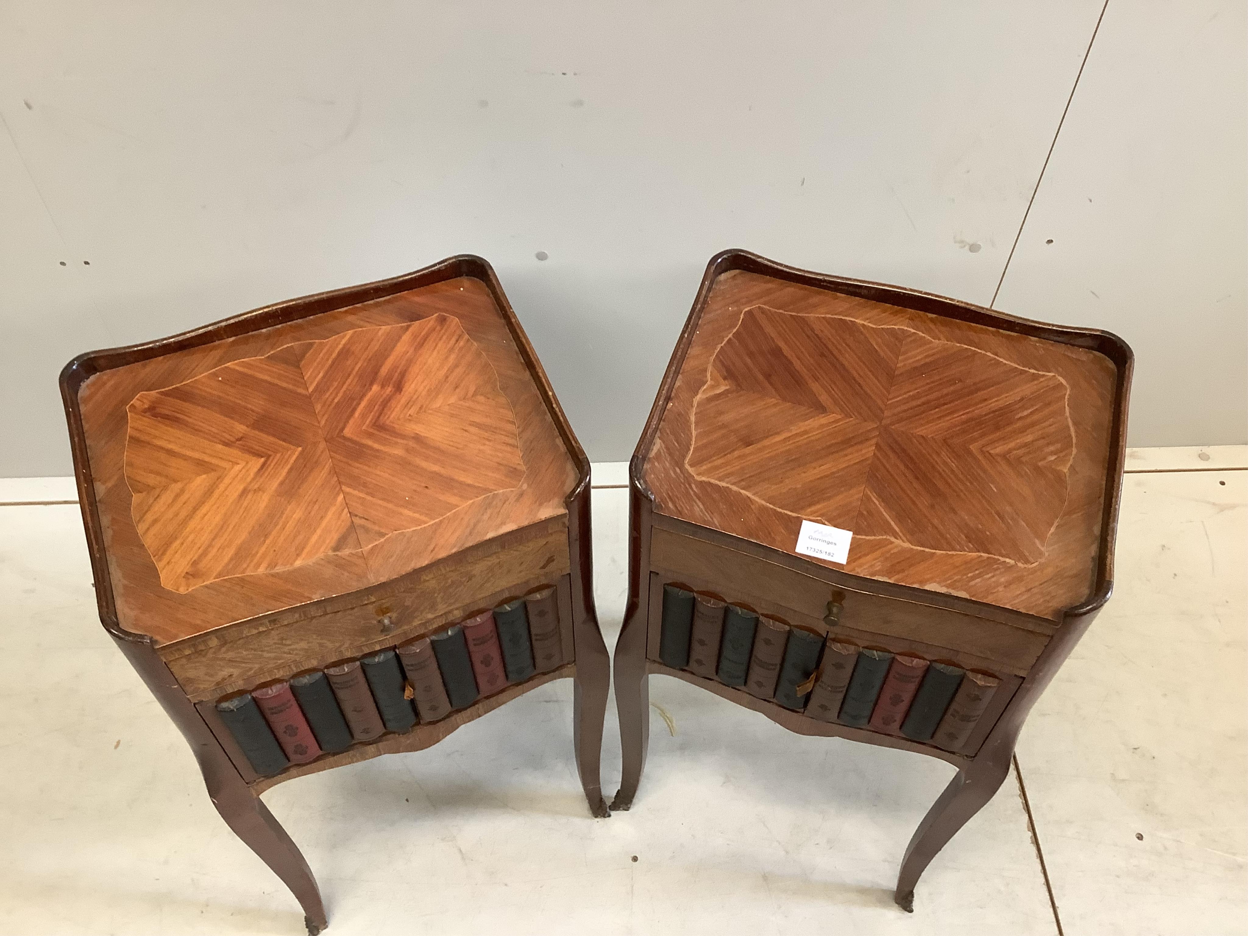 A pair of Louis XV style banded kingwood bedside cabinets, with faux book front doors beneath drawers, width 39cm, depth 30cm, height 73cm. Condition - poor to fair